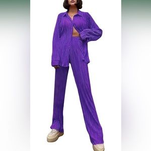Pleated Pants Set- Oversized Button Down Shirt + High Waist Pleated Wide Pants